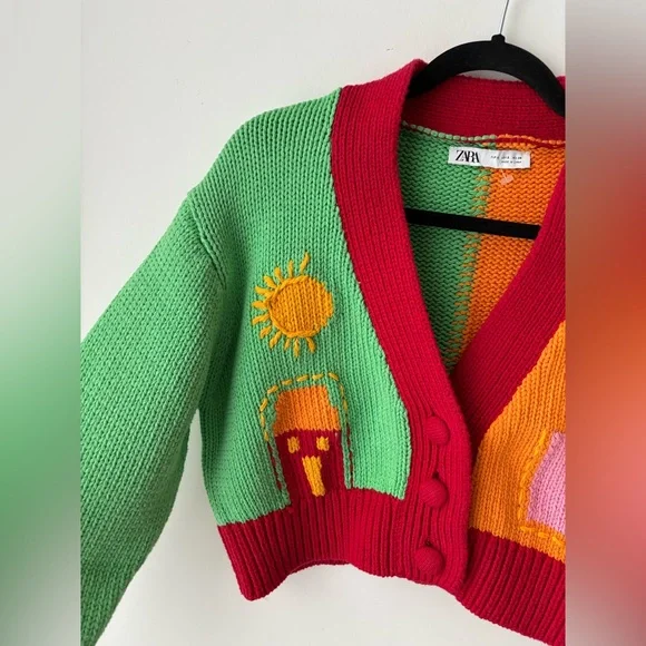 Zara Colorblock Cropped Cardigan Sweater Cottagecore Sun Moon Floral - Picture 4 of 11